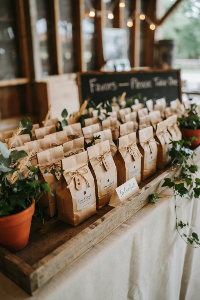 Kraft coffee bags with a printed couple's-name label, tied with twine and a small coffee scoop, on a rustic tray