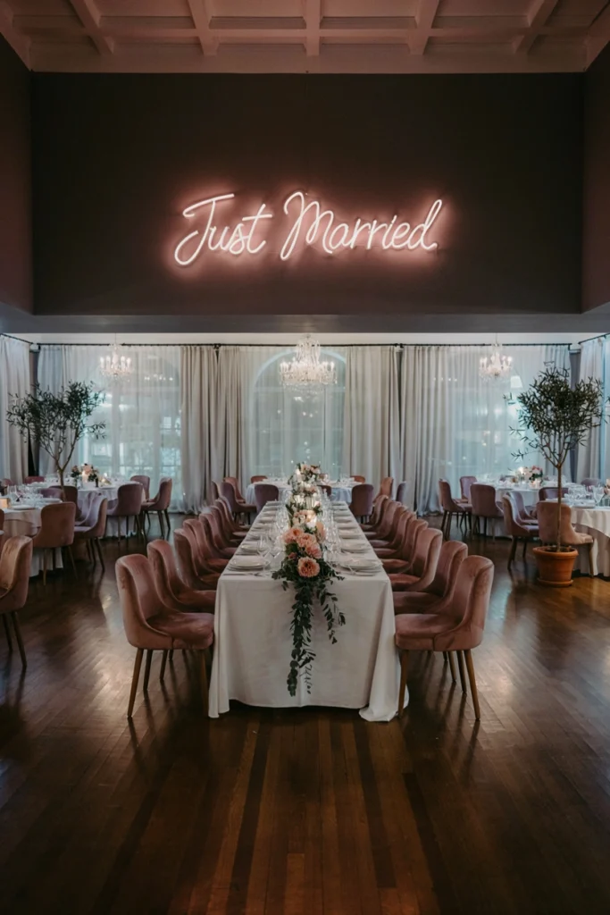 Pink neon Just Married sign above a small wedding photobooth wall