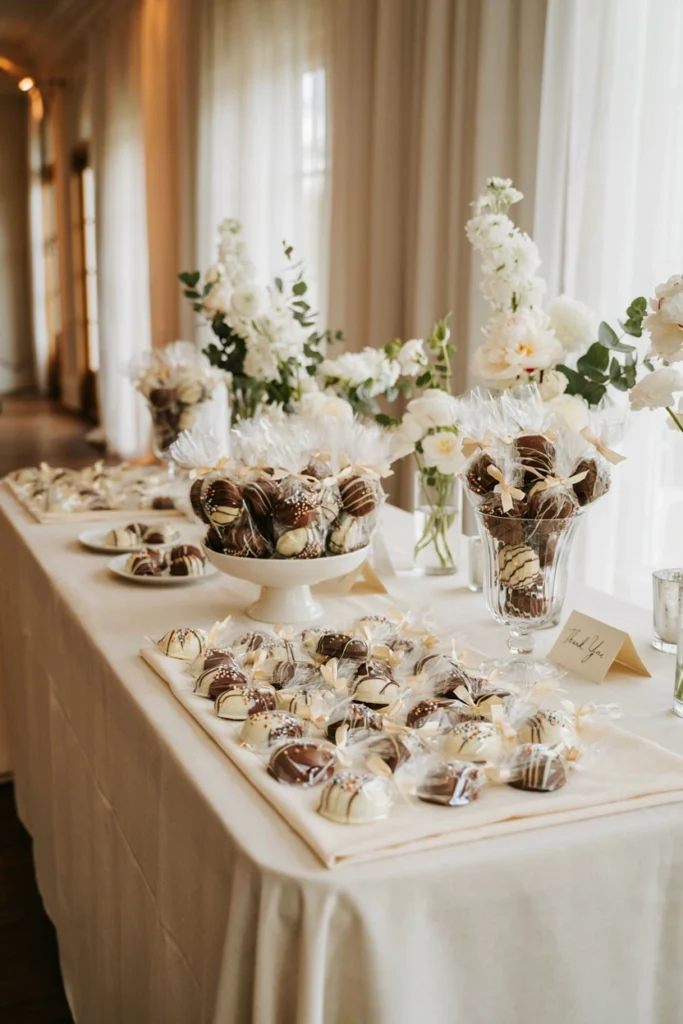 Oreos dipped in white and dark chocolate with edible pearls, individually wrapped and tied with ribbon