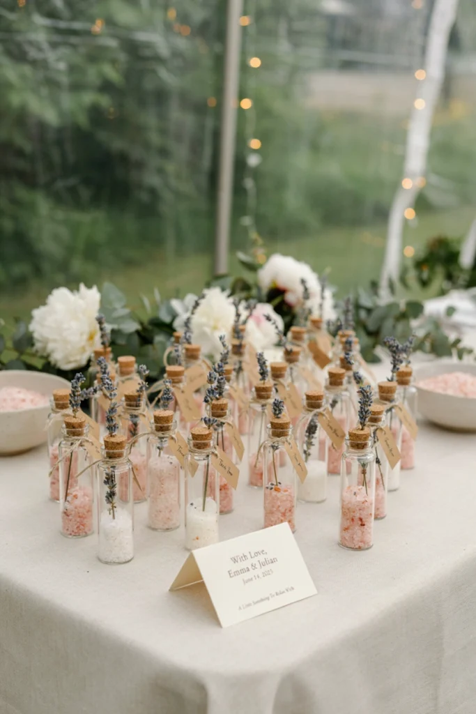 Small glass vials of pink and white infused salt with cork stoppers, tied with dried lavender sprigs