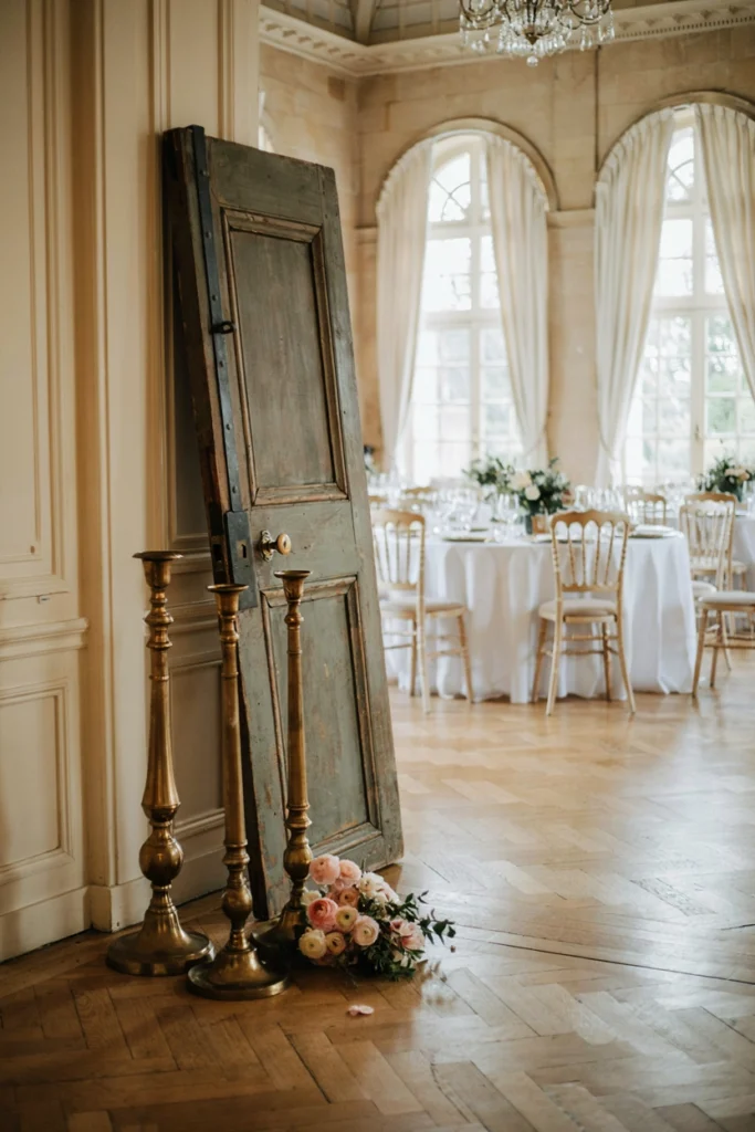 Weathered antique wooden door used as a wedding photobooth backdrop with brass candlesticks