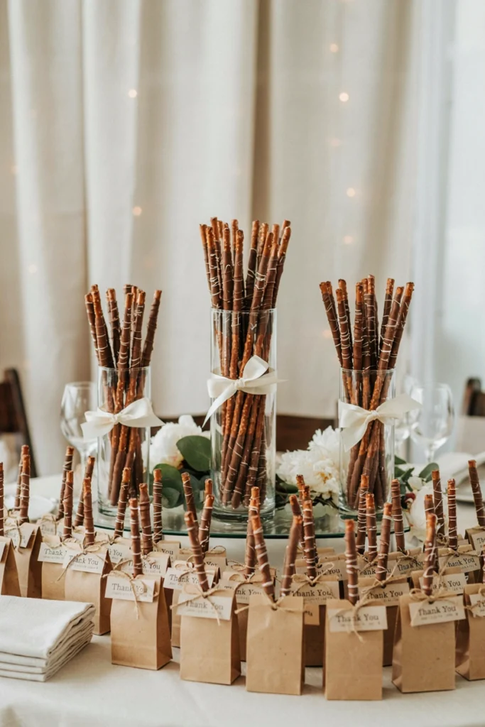 Chocolate-dipped pretzel rods drizzled with white chocolate, standing upright in a ribbon-wrapped glass vase