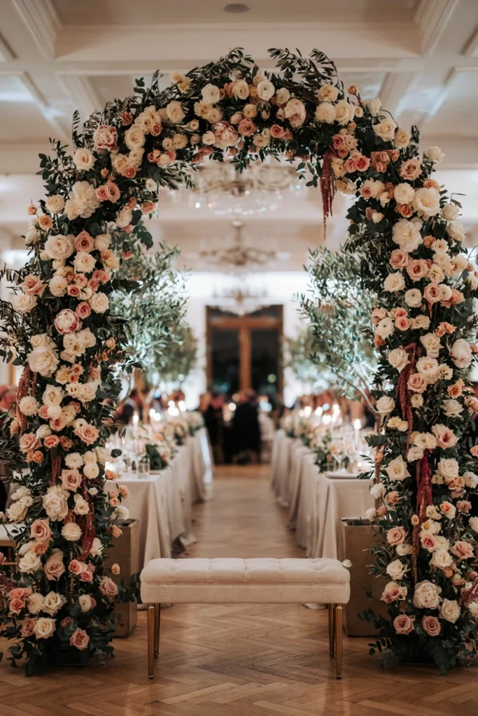 Ceremony floral arch reused indoors as a wedding reception photobooth backdrop
