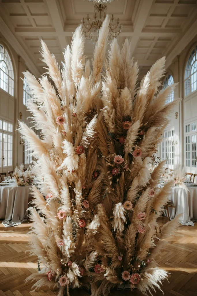 Dried pampas grass and strawflower wall arranged as a small wedding photobooth backdrop