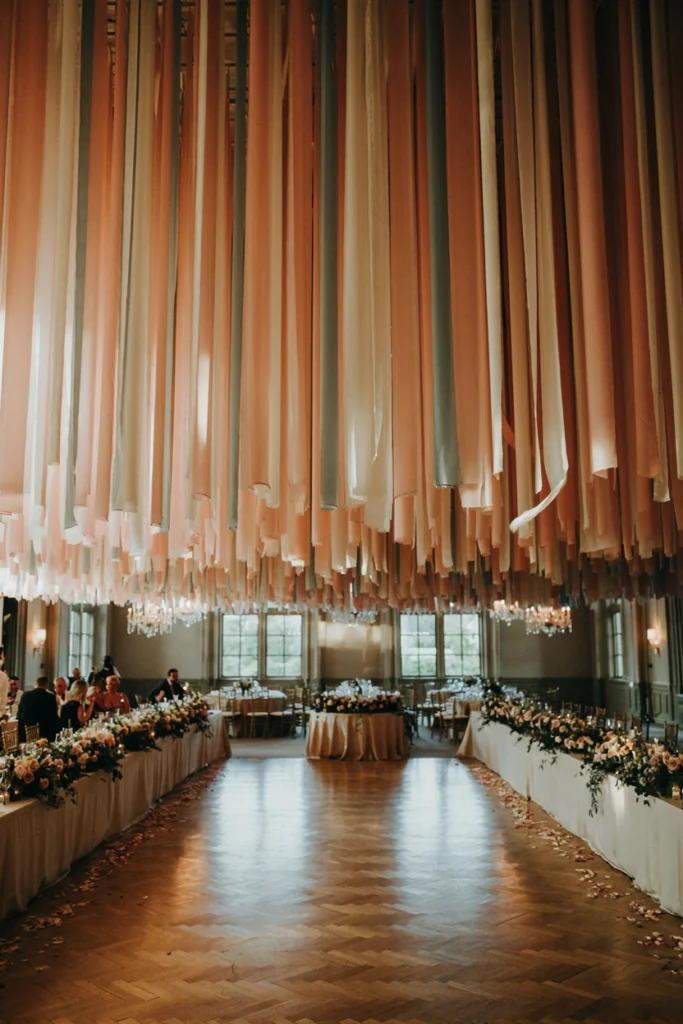 Pastel crepe paper fringe wall as a modern small wedding photobooth backdrop