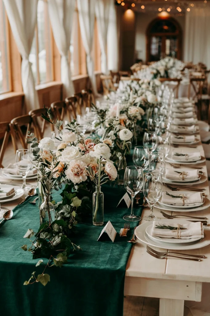 Emerald velvet table runner with brass bud vases for winter wedding decor