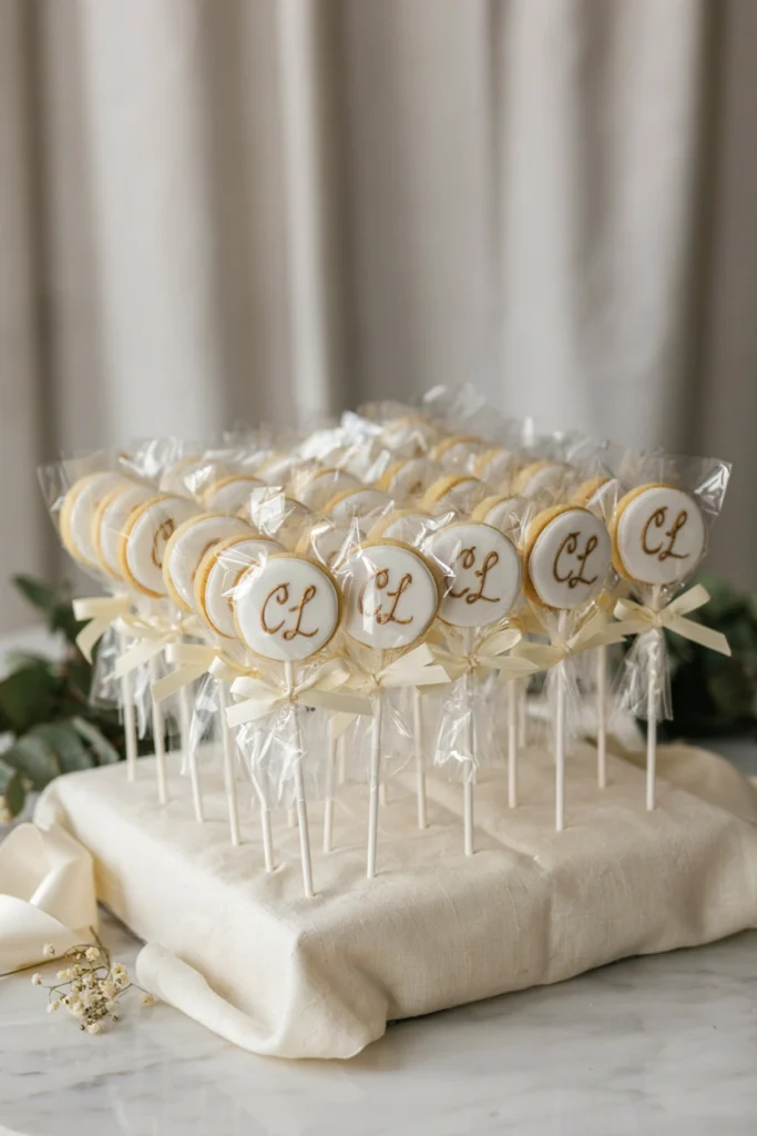 Round sugar cookies on lollipop sticks with white icing and gold monogram, displayed upright in fabric-wrapped foam