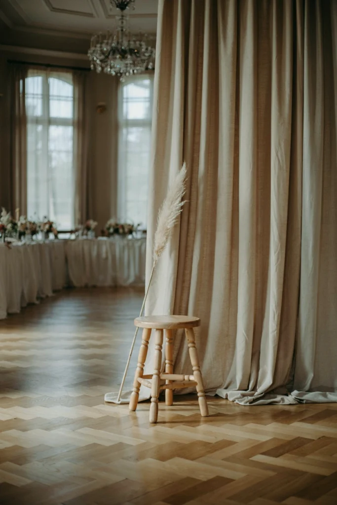 Oatmeal linen sheet draped in a room corner as a DIY small wedding photobooth backdrop