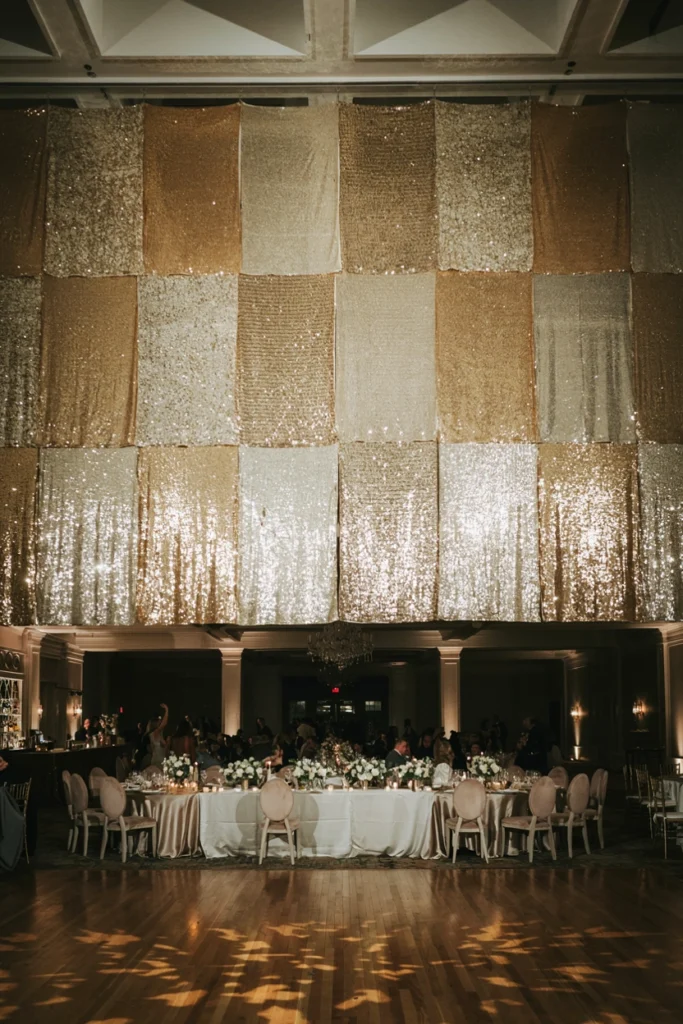 Gold sequin panel wall catching flash photography at a wedding photobooth