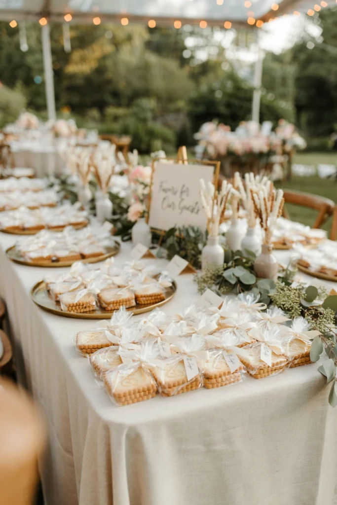 Rectangular shortbread cookies stamped with a monogram, stacked and tied with ribbon in a cellophane sleeve