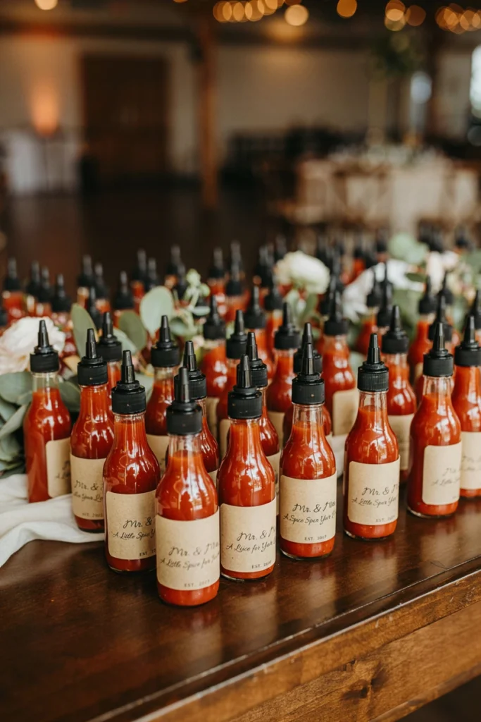Mini bottles of bright red hot sauce with kraft labels on a dark wood surface, a playful wedding favor idea