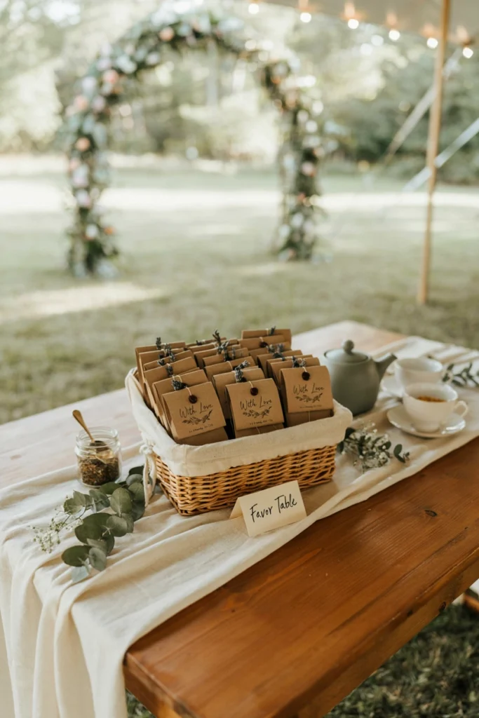 Kraft envelopes of loose-leaf tea with custom labels in a woven basket next to a teapot and cups