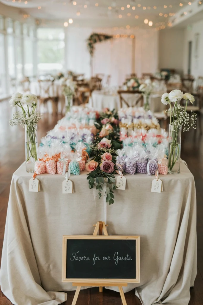 Small bags of pastel custom-printed candy tied with satin ribbon and a monogram tag