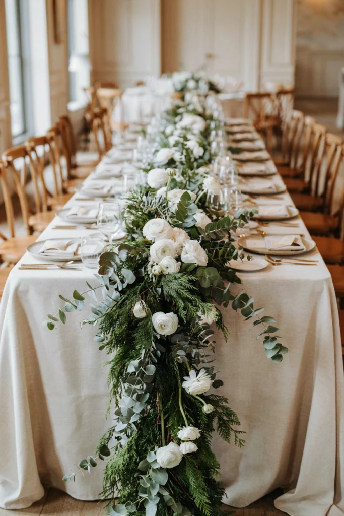 Cascading evergreen and ranunculus garland on a winter wedding table