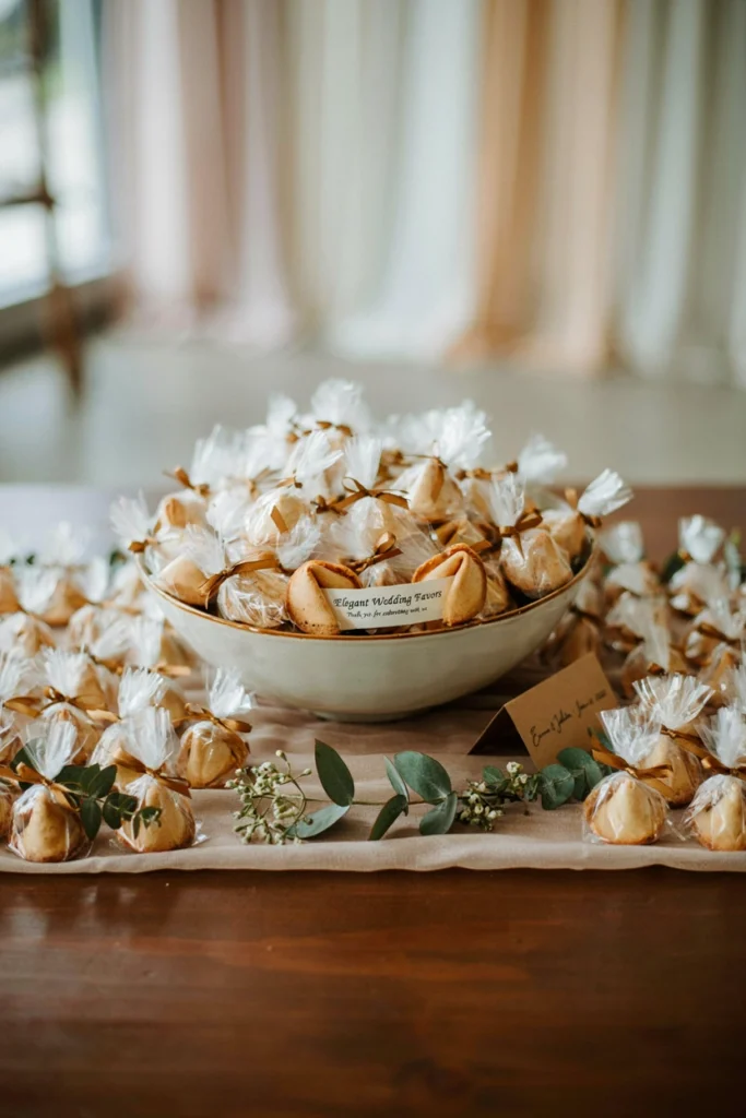 Golden fortune cookies wrapped in cellophane in a decorative bowl, one broken open to reveal a custom printed message