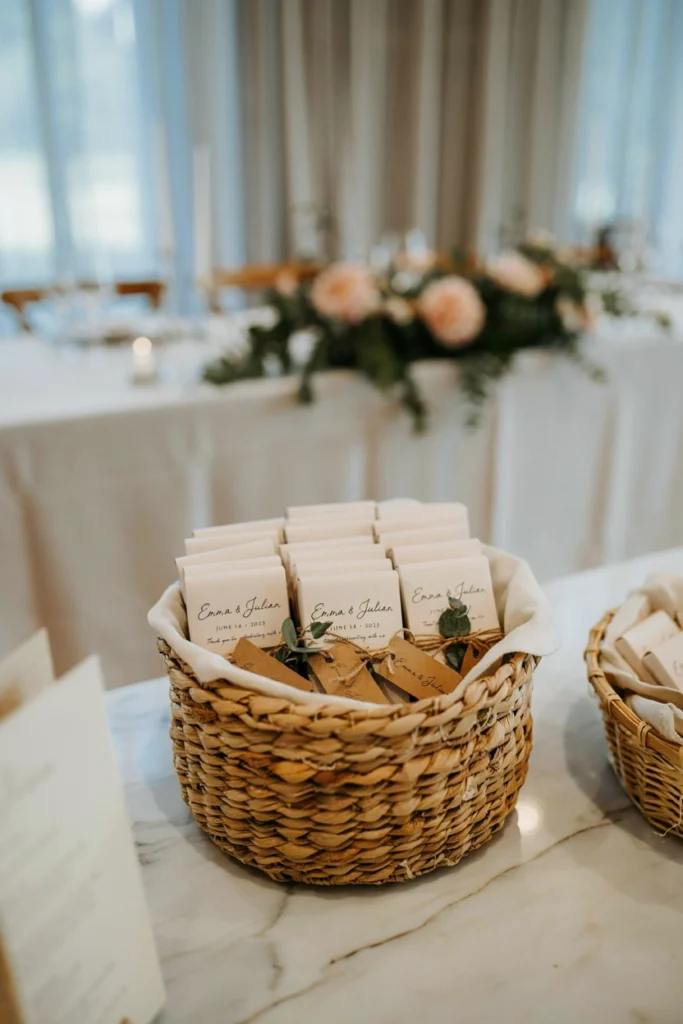 Personalized chocolate bars wrapped in custom paper printed with a couple's names, stacked in a basket