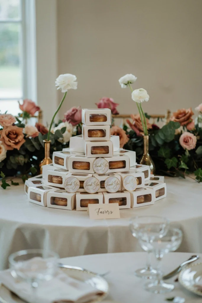 Miniature glazed donuts in individual white boxes with clear windows, stacked in a pyramid on a dessert table