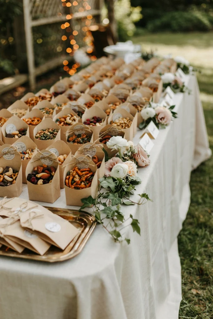 Small kraft bags of colorful trail mix with pretzels and chocolate, sealed with a printed sticker and twine