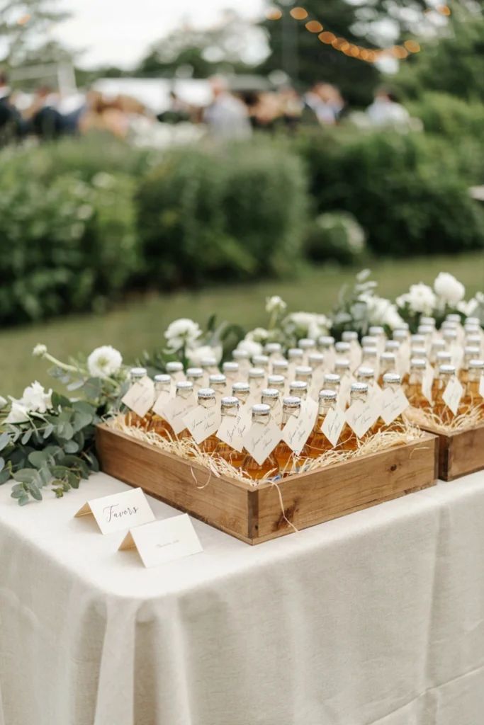 Individual mini champagne bottles with custom neck tags nestled in a wooden crate with straw