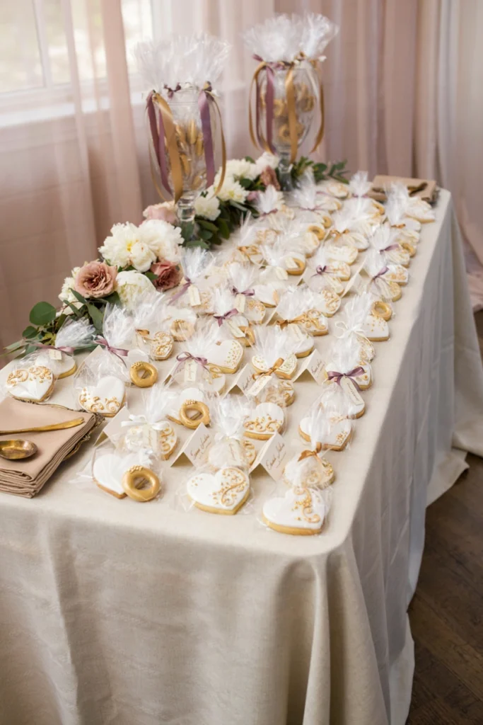 Hand-decorated heart and ring shaped sugar cookies in white and gold icing, wrapped individually with ribbon