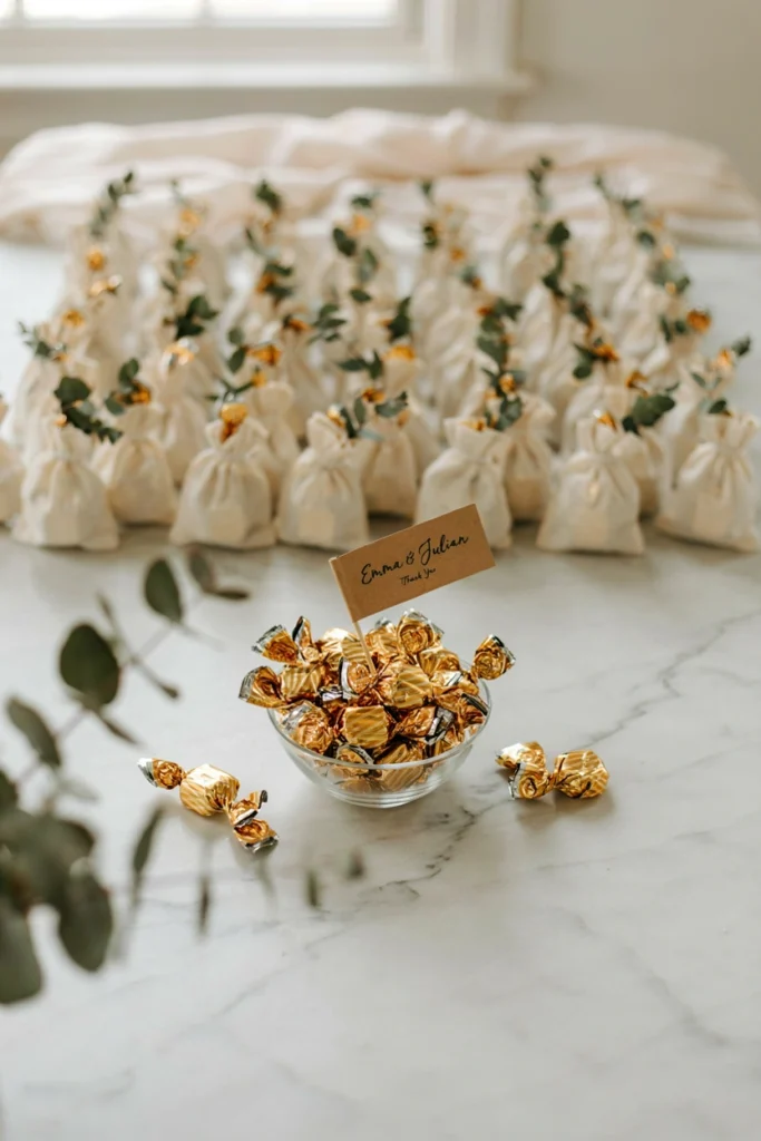 Individually wrapped sea salt caramels in gold foil arranged in a glass dish with a printed name tag
