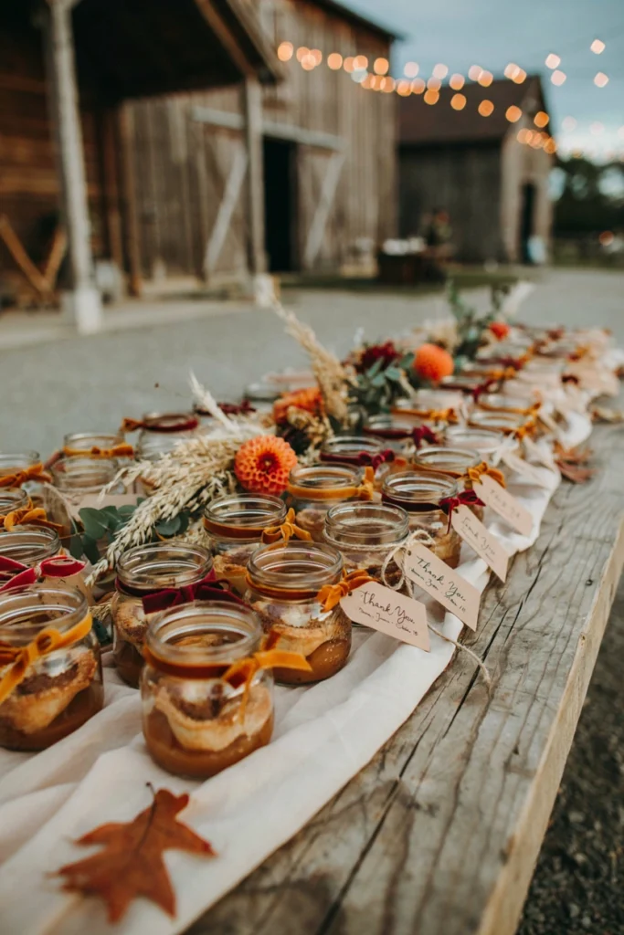 Mini apple pies with lattice crust baked inside mason jars, tied with autumn-colored ribbon