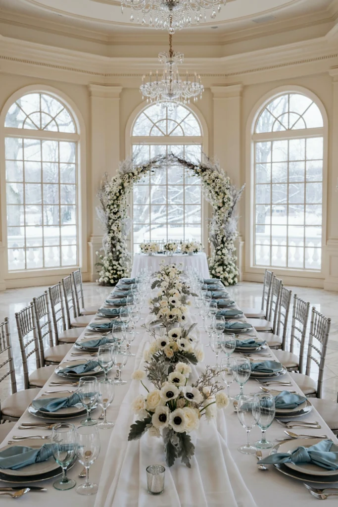 Icy blue glassware and silver flatware place setting with white anemones