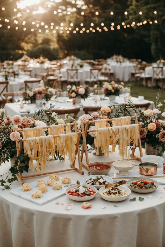 Chef hand-rolling fresh pasta at a live wedding station, tossing it with sauce to order