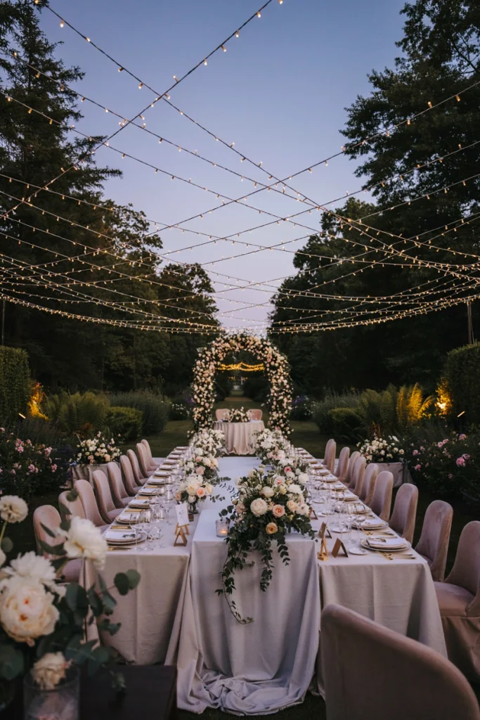 Warm string lights draped low over a long outdoor reception table at dusk