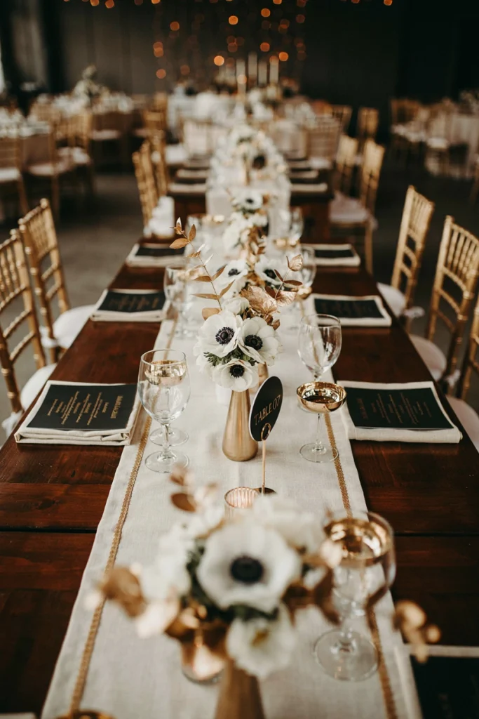 White anemone and gold-dusted eucalyptus centerpiece