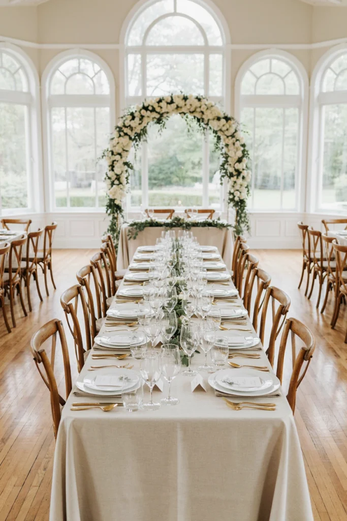 Simple sage-colored linen-look napkins folded under each plate