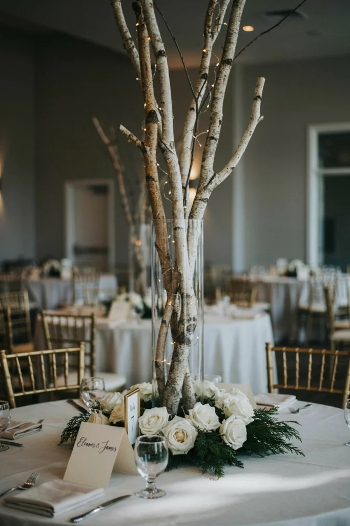 White branches wrapped in warm fairy lights in a clear vase