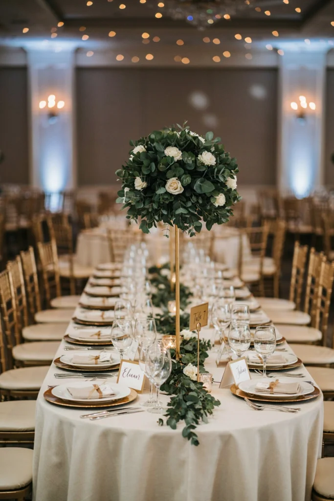 Round eucalyptus and white rose topiary ball on a gold stand