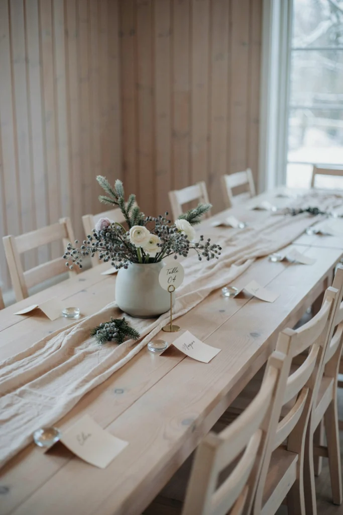 Dried lavender bundles with white pine sprigs in a ceramic vase