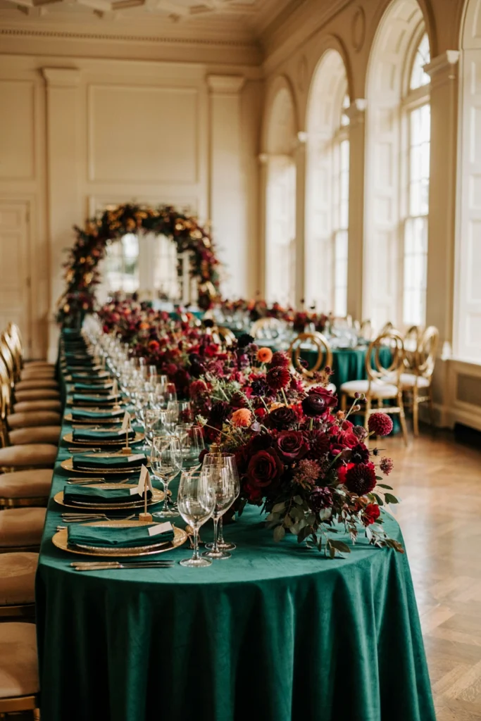 Deep emerald velvet tablecloth with gold flatware and burgundy florals