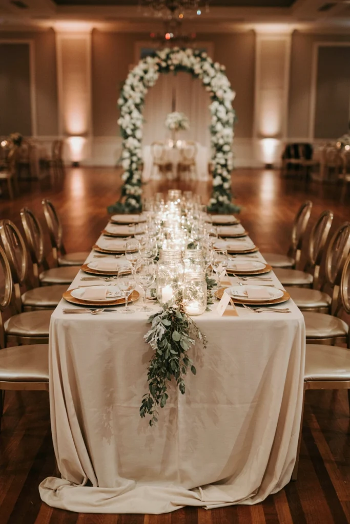 Mason jars filled with warm fairy lights nestled among baby's breath