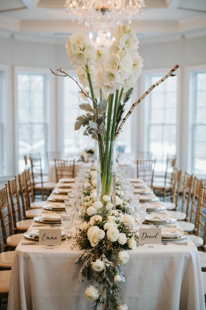 White amaryllis and silver birch branch centerpiece