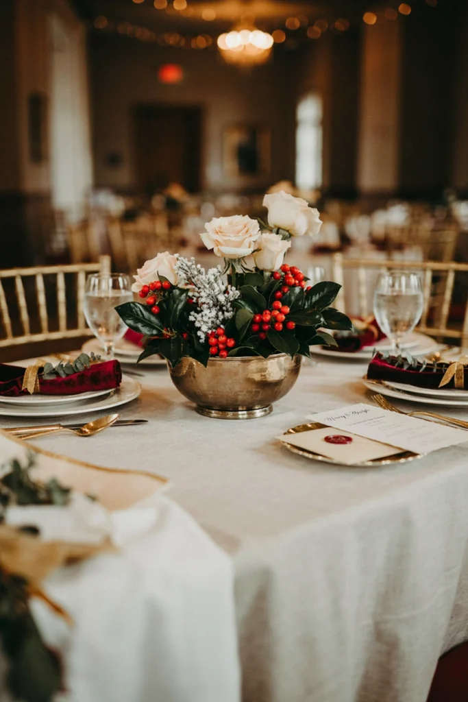 Holly branch and white snowberry centerpiece in a low bowl