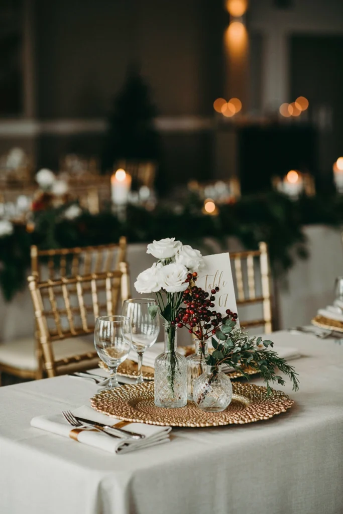 Gold beaded charger plate under a cluster of white candles