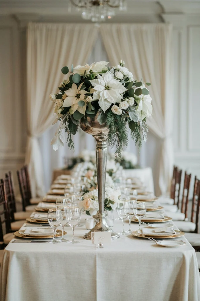 White poinsettia and silver dollar eucalyptus centerpiece