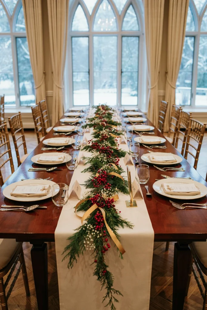 Fresh cranberry and rosemary garland table runner