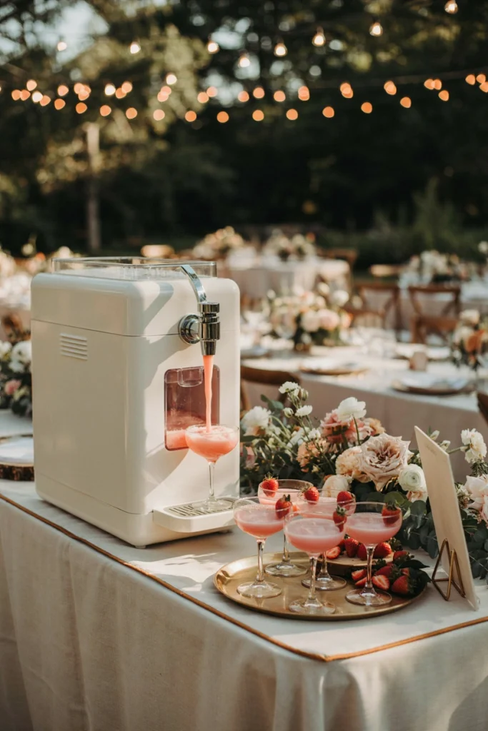 Frozen cocktail slushy machine dispensing bright pink frosé into glasses at a summer wedding