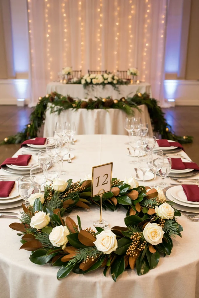 Flat magnolia leaf and ivory rose wreath centerpiece with pillar candles