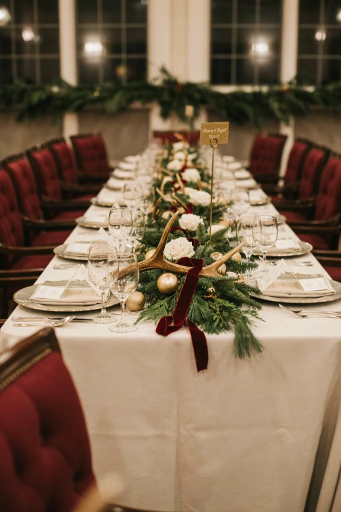 Gold-painted antler centerpiece with pine and ornaments