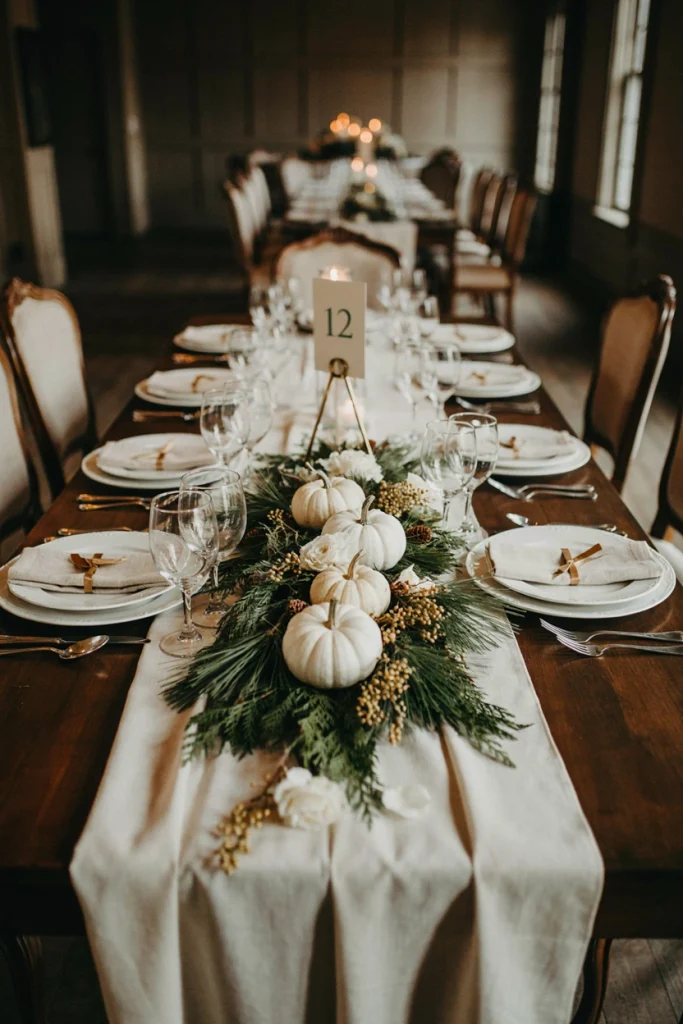 Small white pumpkins with pine sprigs and white roses