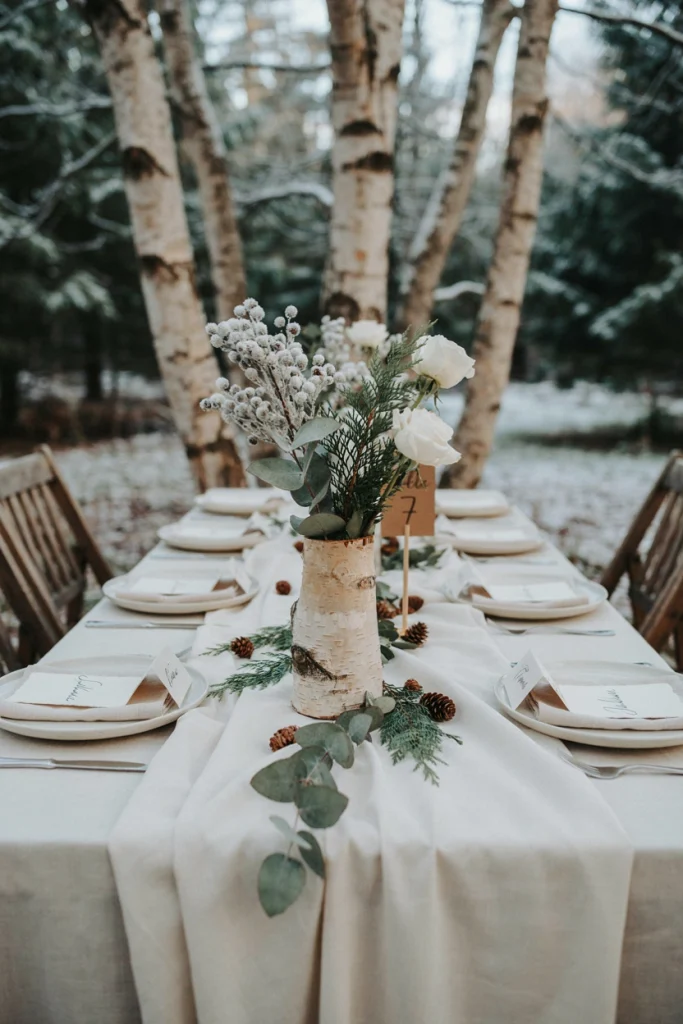 White birch bark vase with frosted white berries and eucalyptus