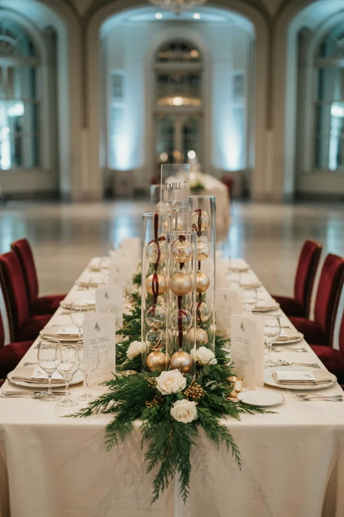 Glass cylinder vases with suspended gold glass ornaments