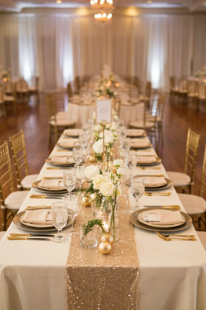 Champagne sequin table runner with ivory pillar candles