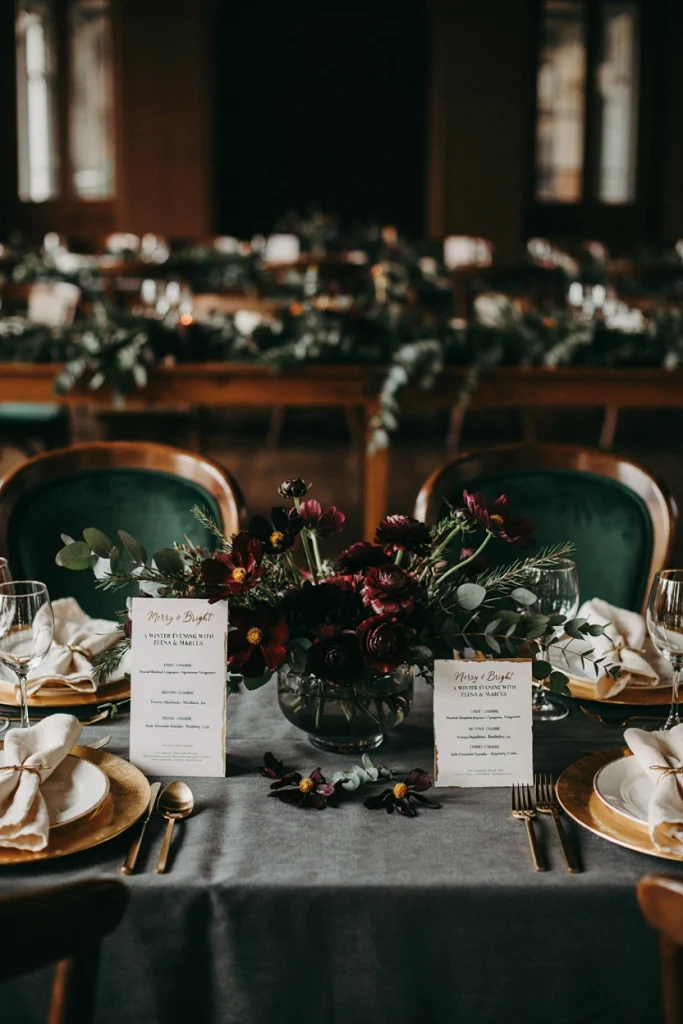 Chocolate cosmos and burgundy ranunculus centerpiece