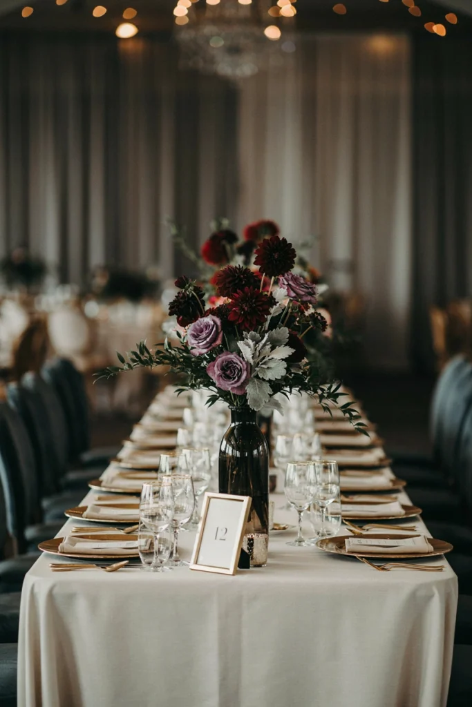Deep plum dahlia and silver dusty miller centerpiece